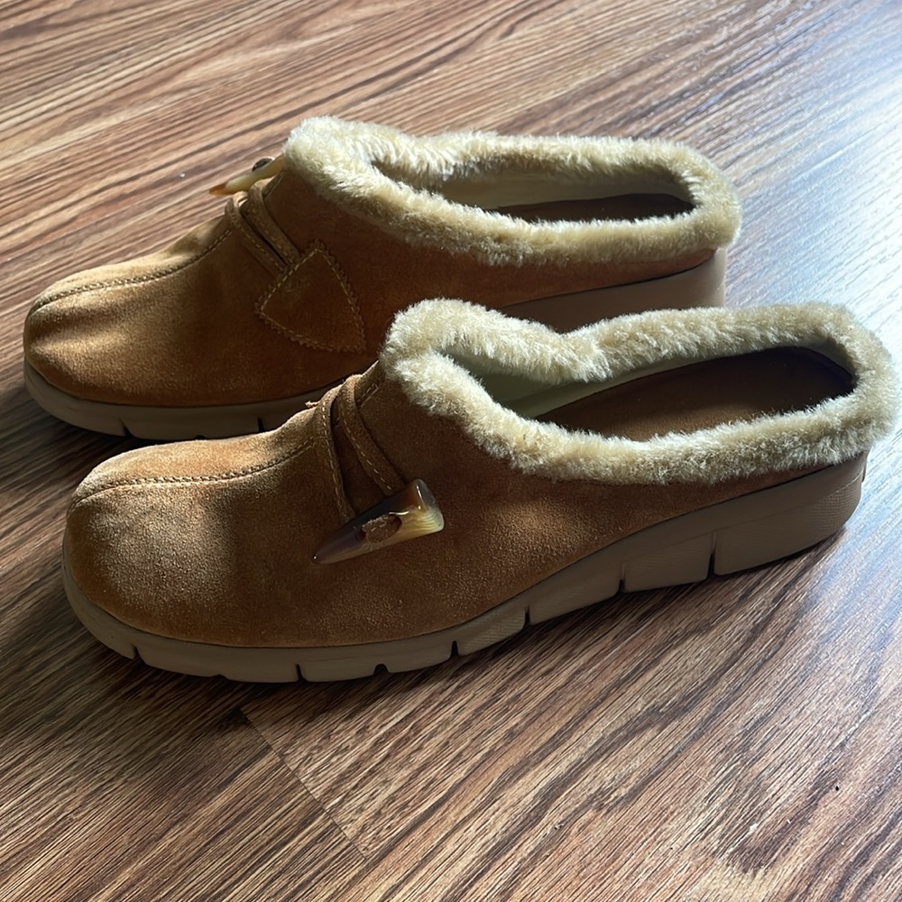 Card Game Leather Clogs Faux Fur Lining 9.5 Tan